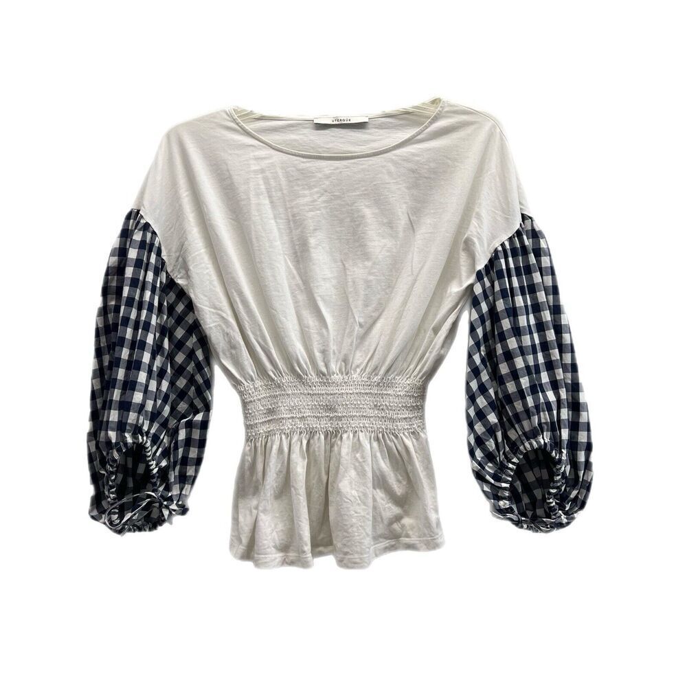 Uterque Top Size Small White Smocked Waist Gingham Bishop Sleeves